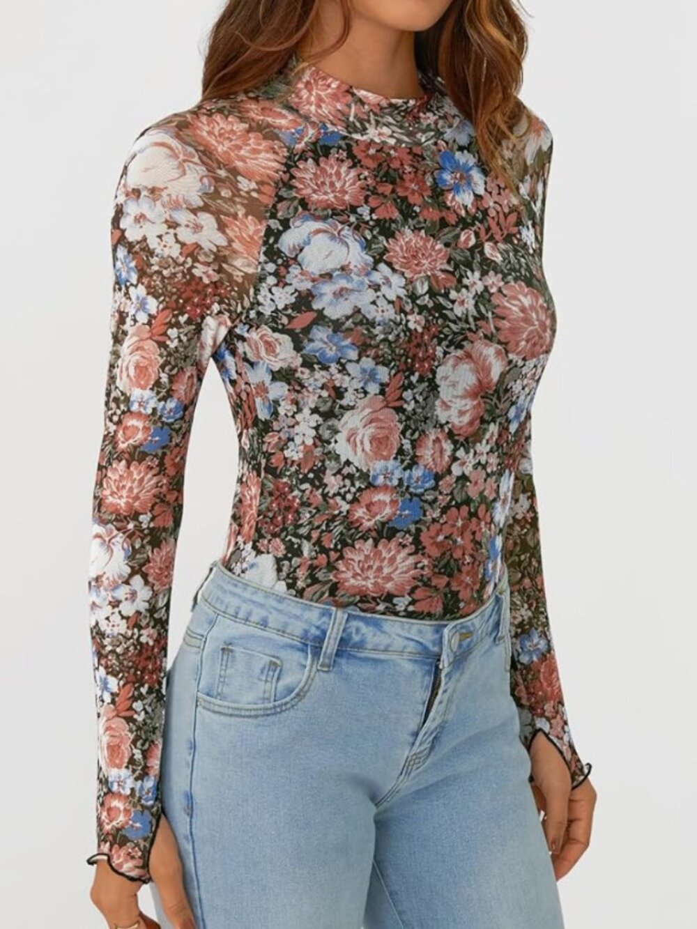 Automet Long Sleeve Floral Mesh Mockneck Top